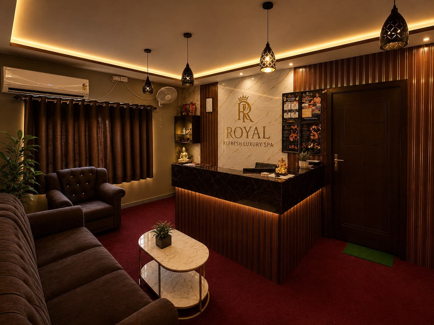 Reception at Royal Refresh Luxury Spa with a backlit Royal Refresh logo wall, a dark marble counter and tufted brown sofas